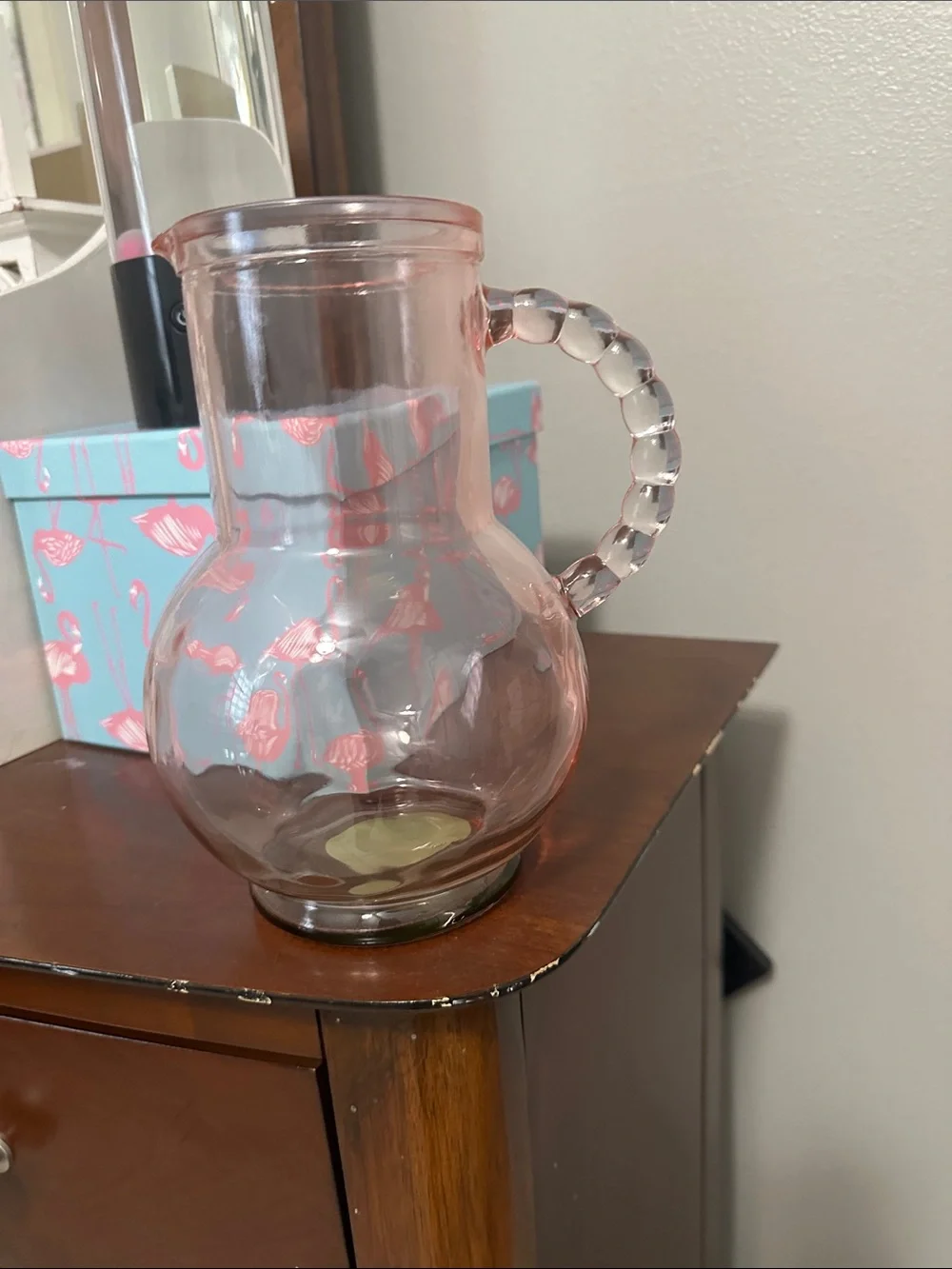 Pink and green Glass Pitcher with Beaded glass Handle NWT
